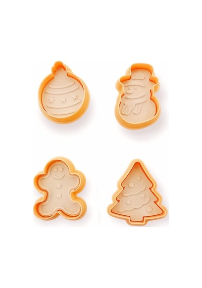 Yılbaşı Şekilli Adam Çam Ağacı Basmalı Kurabiye Kalıbı Gingerbread Man Desenli Şeker Hamuru Kesici Aparat Konsept 1, Krem-turuncu Ahşap -  Beyaz