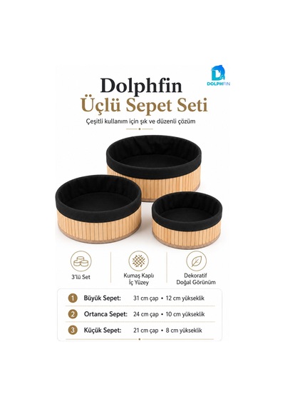 3 Lü Yuvarlak Sepet Seti Kumaş Kaplı Dekoratif Düzenleyici Sepet 31-24-21 Cm Kahverengi - Siyah