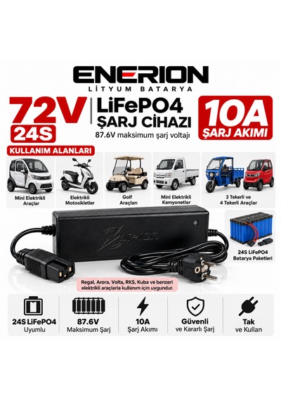 Enerion 72v 10a Lifepo4 Lityum Batarya Şarj Cihazı 24s 87.6v Cc/cv Fanlı Soğutma Elektrikli Araç Uyumlu