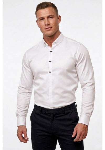 Deepsea Beyaz Slim Fit Likralı Kolay Ütülenebilir Gizli Düğmeli Erkek Gömlek 2602614
