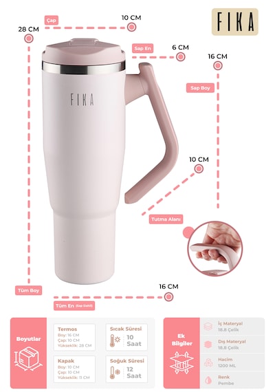 Fika Lumi Patentli Döner Kulplu Sızdırmaz Çelik Termos 1200 Ml - Pembe