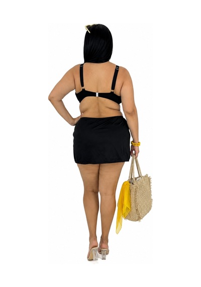 Büyük Beden Geniş Üçgen Kalın Askılı Yırtmaç Detaylı Sabit Pedli Kadın Bikini Takım Siyah