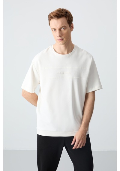 Tommy Life Ekru Siyah Pamuklu Kalın Yumuşak Dokulu Oversize Fit Basic Erkek Eşofman Takım - 85261 Ekru - Siyah