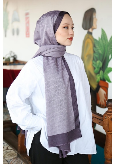 Premium Lux Original Monogram Şal İpek Vual, Yüksek Kalite, Hafif, Rahat, Şık, Tesettür, Shawl Mor