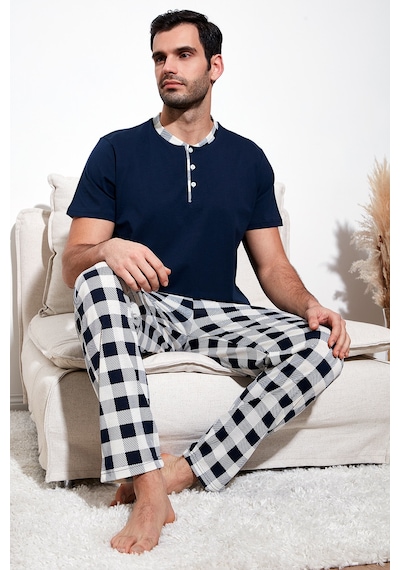 Buratti Ekoseli Pamuklu Regular Fit Kısa Kollu Erkek Pijama Takımı 60961007 Lacivert-Beyaz