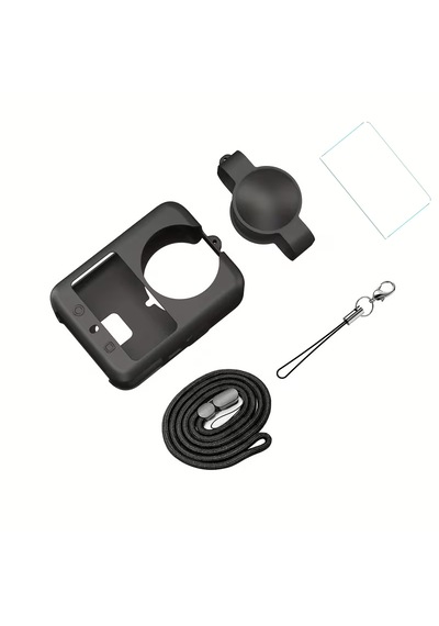 DJI Osmo 360 ve 360 II Silikon Kılıf + Lens Cap + Kayış + Temperli Cam Ekran Koruyucu Seti Siyah