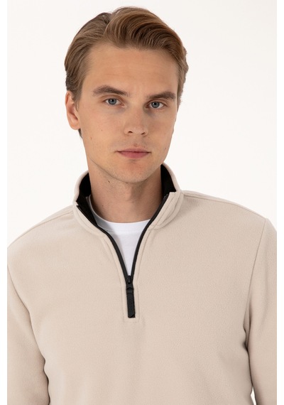 U.S. Polo Assn. Erkek Regular Fit Taş Polar Yarım Fermuarlı Basic Sweatshirt 50313777-VR049