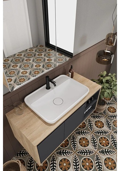 Lale 100 Cm %100 Mdf Lavabolu Banyo Dolabı + Aynalı Dolap Antrasit