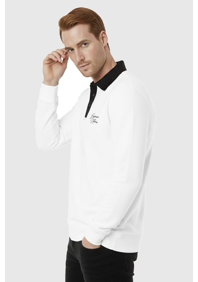 Rizzup Erkek Beyaz Relax Fit İçi Polarlı Polo Yaka Sweatshirt Pamuklu Kalın Sweatshirt 2600762