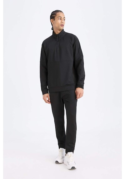 DeFactoFit Standart Fit Dik Yaka Fermuarlı Skuba Dalgıç Kumaş Sporcu Sweatshirt D7305AX25SPBK81