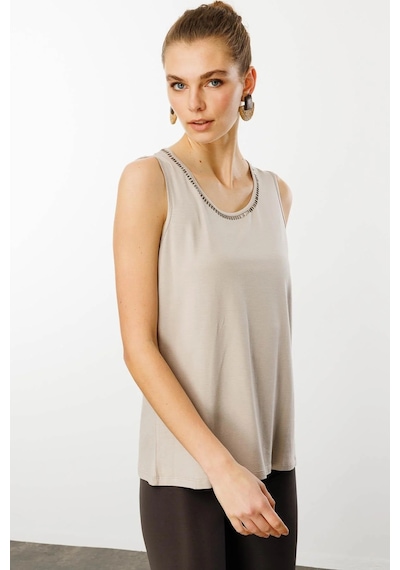 Desen Triko Kadın Sıfır Yaka Yakası Taşlı Askılı T-shirt 25755 Bej Bej