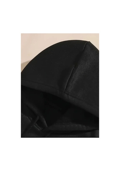 Herkesemoda Tatlı Kurdele Baskı Detaylı Kapüşonlu Sweatshırt Siyah