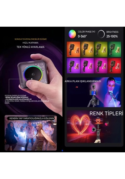 Rgb Led Telefon Selfie Işığı Şarjlı Mini Video Çekim Lambası 3000 Mah Canlı Yayın Işığı 2900-9000k Gümüş - Siyah