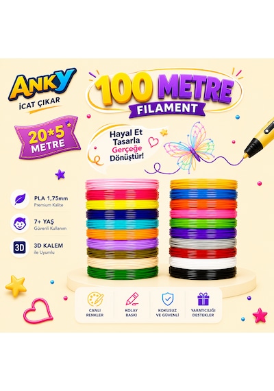 Anky 3d Pen Filament İpla 1.75mm Pla 20 Renk X 5 Metre 3 Boyutlu Kalem Flameti Çok Renkli