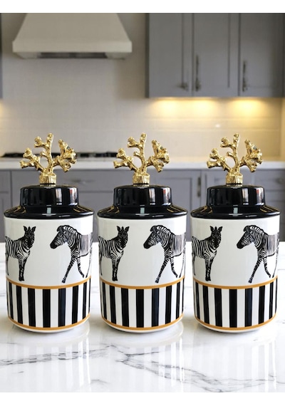 Baharatlık - Seramik Kapaklı 3'lü Zebra At Gold Siyah
