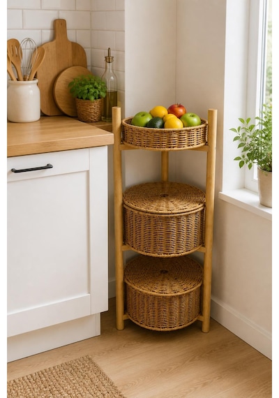 3 Katlı Bambu Rattan Organizer Sepet Mutfak Banyo Salon Düzenleyici Raf Sebzelik Patates Soğanlık