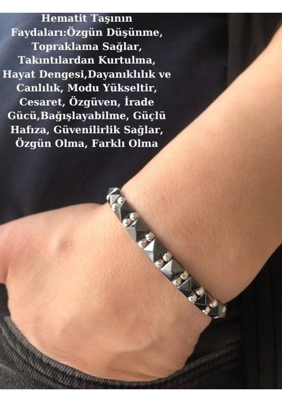 Doğal Hematit Taşlı Örgü Gümüş Toplu Tasarım Bileklik Kare Model