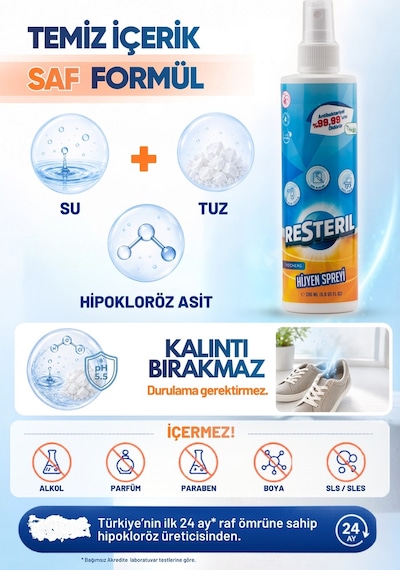 Resteril Ayakkabı Koku Giderici Sprey Ayak Kokusu Giderici Parfümsüz Ayakkabı Deodorantı Dezenfektan Spreyi 200 ML