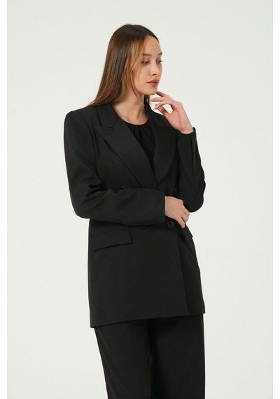 Siyah Regular Astarlı Kruvaze Kapama Dokuma Blazer Ceket 001