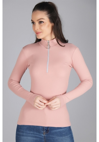 Sweetness Kadın Pudra Fermuar Detaylı Kaşkorse Bluz