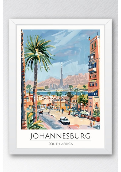 Güney Afrika Johannesburg Temalı Çerçeveli Tablo Travel Serisi Modern İllüstrasyon Duvar Dekoru Beyaz