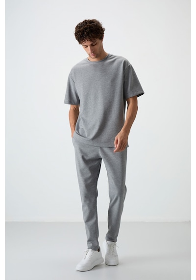 Tommy Life Gri Melanj Pamuklu Kalın Yumuşak Dokulu Oversize Fit Basic Erkek Eşofman Takım - 85251 GRİ MELANJ