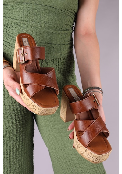Ronika Platform Topuklu Terlik Taba-8227 Taba
