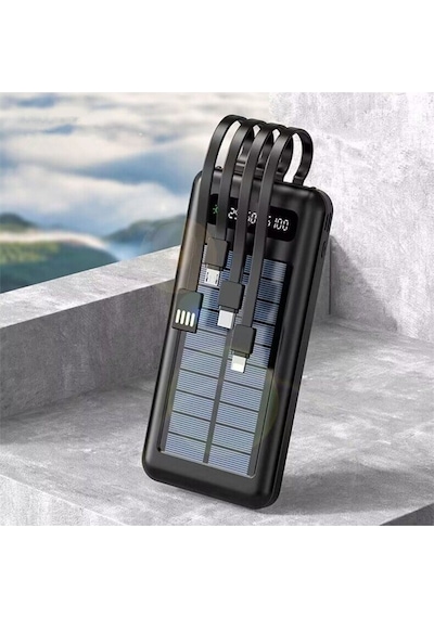 Solar 10.000 Mah Güneş Enerjili Led Işıklı Powerbank Şarj Aleti 2x Usb Çıkışlı Mikro Typc Lıghtnıng Siyah