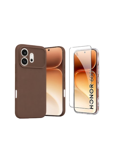 Honor 600 İle Uyumlu Kılıf Esnek Premium Telefon Kılıfı Ve Temperli Cam Ekran Koruyucu Kahverengi