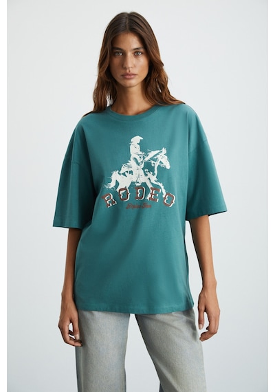 Grımelange Majer Kadın %100 Organik Pamuklu Western Tema Baskılı Regular Fit Yeşil T-shirt