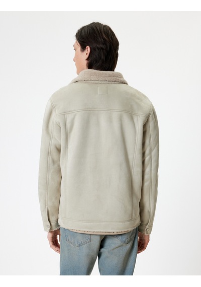 Koton Süet Görünümlü Ceket Slim Fit Peluş Detaylı Gömlek Yaka Bej 5wam20075hw Ekru