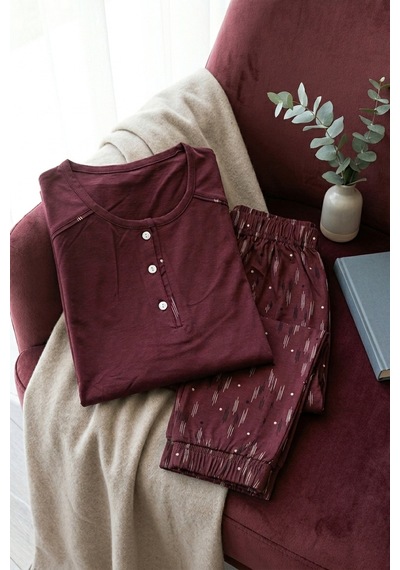 Mataş Kadın Pamuklu Uzun Kollu Üç Düğmeli Biyeli Soft Örme Yumuşak Pijama Takımı Bordo