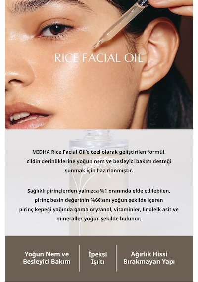 Midha Rice Facial Yoğun Nemlendirici ve Besleyici Pirinç Kepeği Yağı İçerikli Yüz Bakım Yağı 30 ML