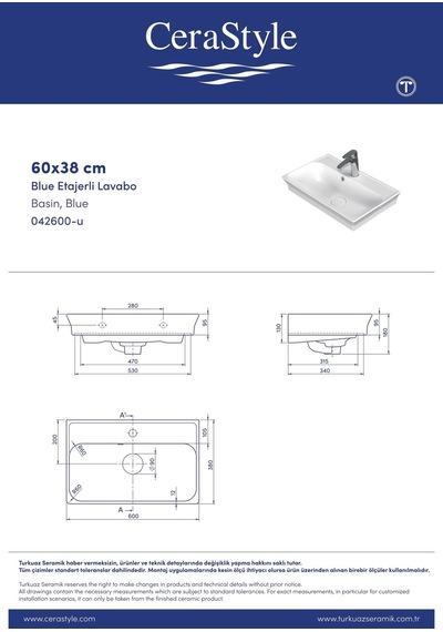 Turkuaz Cerastyle Blue Etajerli Lavabo 60 38 Cm Seramik Kapak Dahil Beyaz