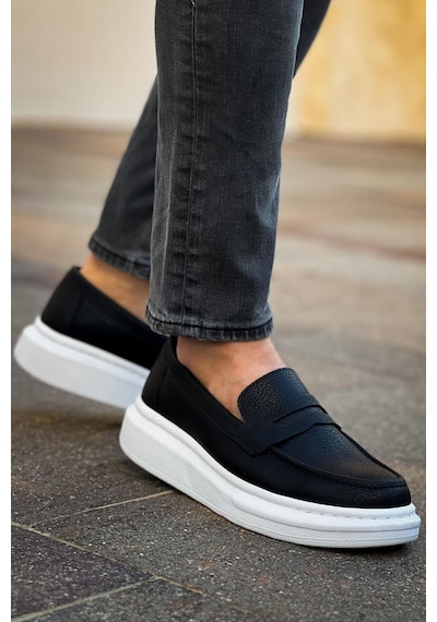 Roof Atelier Erkek Siyah Beyaz Kalın Taban Loafer Ayakkabı - Robert - Rs615 Siyah
