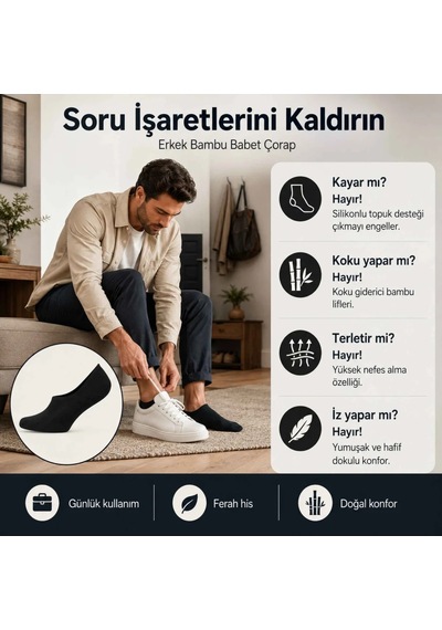 Elitse Erkek Bambu 6'lı Babet Çorap Görünmez No Show Dikişsiz Silikon Topuklu Siyah 6'lı