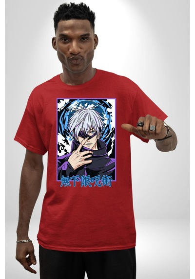 Jujutsu Vintage Washed - Megumi Gojo Anime Manga Pamuklu Bisiklet Yaka Unisex Oversize Boyfriend Dijital Baskılı Kırmızı T-shirt Kırmızı