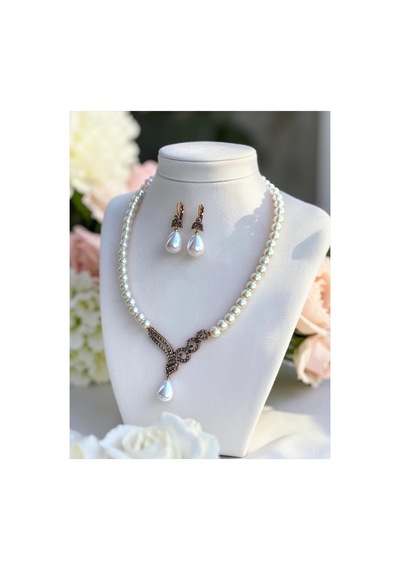 Zirkon Taşlı Tek Sıra İnci Kolye Ve İnci Küpe Seti Beyaz 01259952