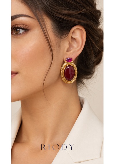 Riody Rubis Velours Gold Renkli Bordo Fuşya Oval Taş Görünümlü Çelik Kadın Küpe
