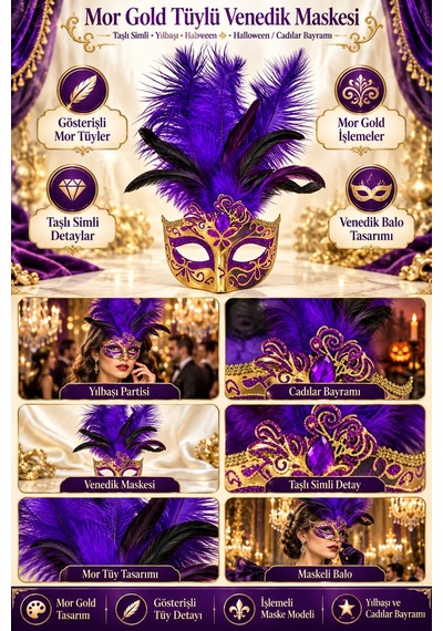 Mor Gold Tüylü Venedik Maskesi Taşlı Simli Yılbaşı Halloween Cadılar Bayramı Balo Parti Maskesi