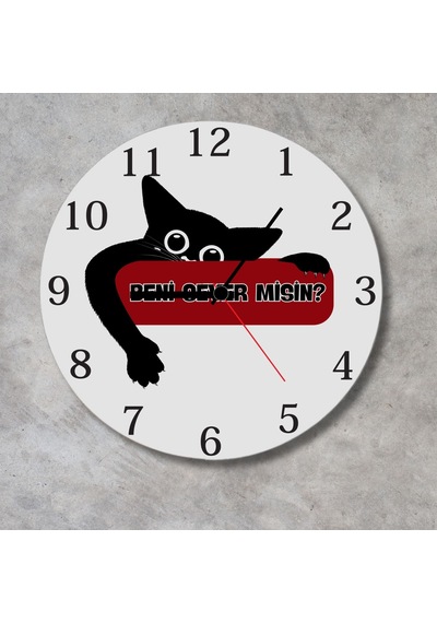 Beni Sever Misin Tasarımlı Siyah Kedi Metal Duvar Saati - 29 Cm Modern Mutfak Ve Salon Saati Beyaz