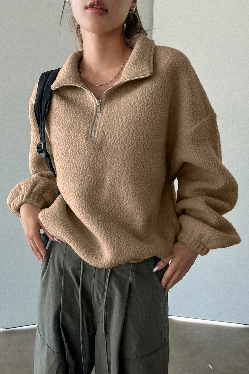 Ghassy Co. Kadın Ultra Isı Peluş Sherpa Oversize Yarım Metal Fermuar Lastik Ayarlı Polar Sweatshirt Bej