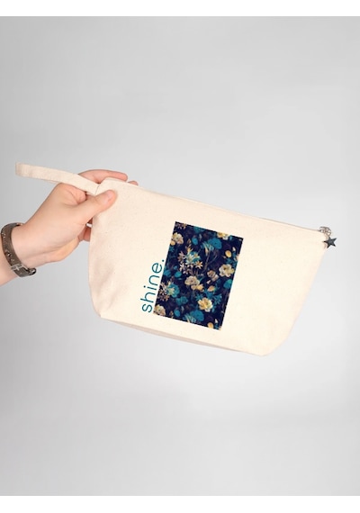 Çiçek Kolajı Detaylı Ham Renk Büyük Boy Clutch Çanta Krem