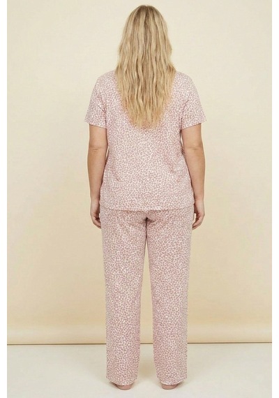 Siyah İnci Büyük Beden Battal Boy Düğmeli Örme Pijama Takım 8016 Beyaz Somon Leopar