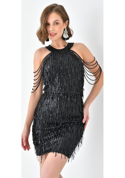 Hanife Glam Couture Hanife Glam Halter Yaka Taş Tasarımlı Saçaklı Pul Payet Mini Elbise Siyah