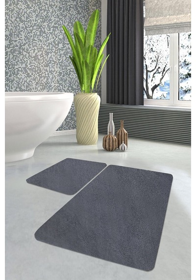 Buççin Online Mağaza Ikili Banyo Paspası Klozet Takımı Antrasit Post Peluş Halı Polyester Makine Halısı Je Çok Renkli