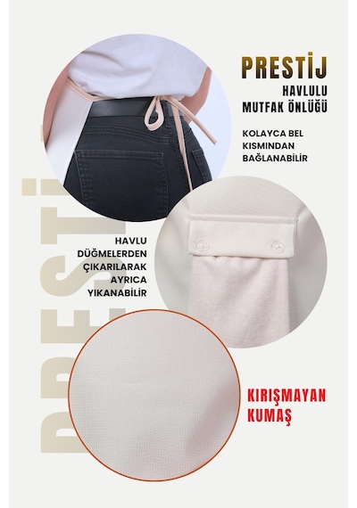Prestij 4lü Set Sıvı Geçirmez Su Geçirmez Mutfak Önlüğü Eldiven Tutacak Krem Krem
