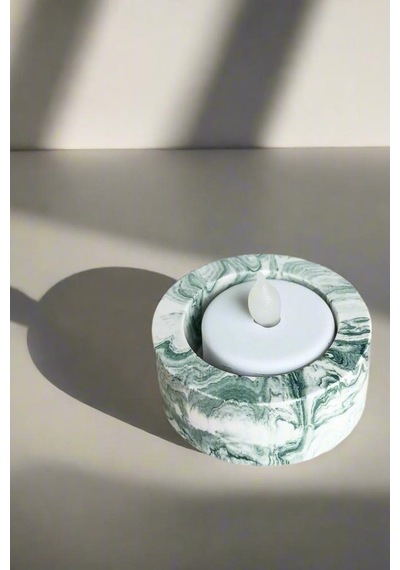 El Yapımı Mermer Desenli Yeşil Beton Tealight Mumluk Minimal Dekoratif Mumluk 3 Adet Yeşil