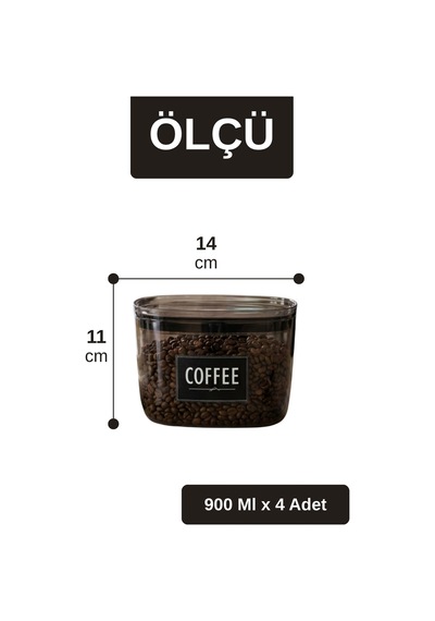 Etiket Hediyeli Vakum Kapaklı Çay Kahve Şeker Tuz Saklama Kabı Çok Amaçlı Saklama Kabı 900 Ml 4 Adet Gri