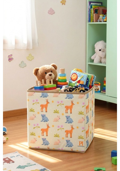 4'lü Animals Kapaksız Kutu Oyuncak Çamaşır Saklama Kutusu Dolap İçi Organizer Düzenleyici 30x30x30 Krem